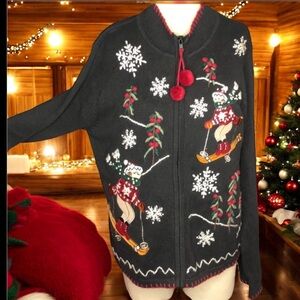 Vintage Victoria Jones Black Skiing
Snowman Ugly Christmas Zip
Cardigan Sweate M